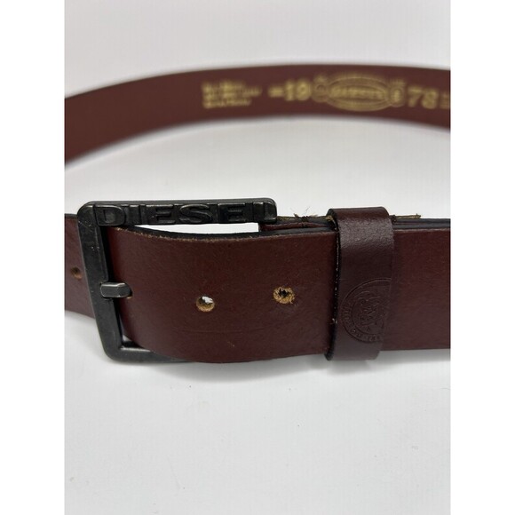 Vintage DIESEL Belt Mino01 Brown Buffalo Leather Logo Buckle Brass Size 36 - Picture 1 of 5
